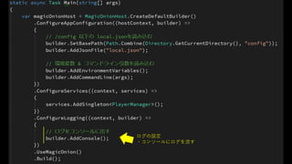 ログの設定
・コンソールにログを流す
 