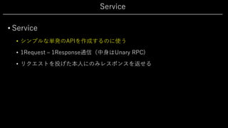 Service
• Service
• シンプルな単発のAPIを作成するのに使う
• 1Request ‒ 1Response通信（中⾝はUnary RPC)
• リクエストを投げた本⼈にのみレスポンスを返せる
 