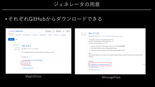ジェネレータの⽤意
• それぞれGitHubからダウンロードできる
MagicOnion MessagePack
 
