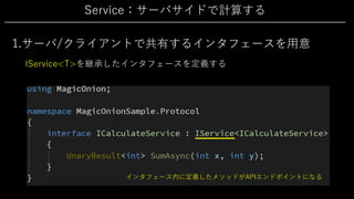 Service：サーバサイドで計算する
1.サーバ/クライアントで共有するインタフェースを⽤意
IService<T>を継承したインタフェースを定義する
インタフェース内に定義したメソッドがAPIエンドポイントになる
 