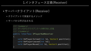 1.インタフェース定義(Receiver)
• サーバ→クライアント(Receiver)
• クライアントで実装するメソッド
• サーバから呼び出される
 
