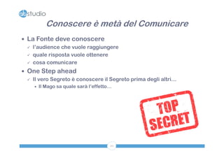 Conoscere è metà del Comunicare
 La Fonte deve conoscere
   l’audience che vuole raggiungere

   quale risposta vuole ottenere

   cosa comunicare

 One Step ahead
   Il vero Segreto è conoscere il Segreto prima degli altri…
       Il Mago sa quale sarà l’effetto…




                                       20
 