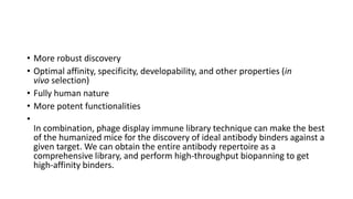 • More robust discovery
• Optimal affinity, specificity, developability, and other properties (in
vivo selection)
• Fully human nature
• More potent functionalities
•
In combination, phage display immune library technique can make the best
of the humanized mice for the discovery of ideal antibody binders against a
given target. We can obtain the entire antibody repertoire as a
comprehensive library, and perform high-throughput biopanning to get
high-affinity binders.
 