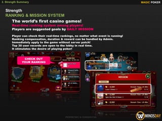 The world’s first casino games!
Real-time ranking system among players!
Players are suggested goals by DAILY MISSION
Player can check their real-time rankings, no matter what event is running!
Ranking compensation, duration & reward can be handled by Admin.
Immediately apply to the game without server patch!
Top 30 user records are open to the lobby in real time.
It stimulates the desire of playing poker!
MAGIC POKER
PROPRIETARY & CONFIDENTIAL
2. Strength Summary
Strength
RANKING & MISSION SYSTEM
CHECK OUT
YOUR RANKING
 