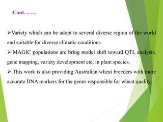 Variety which can be adopt to several diverse region of the world
and suitable for diverse climatic conditions.
 MAGIC populations are bring model shift toward QTL analysis,
gene mapping, variety development etc. in plant species.
 This work is also providing Australian wheat breeders with more
accurate DNA markers for the genes responsible for wheat quality.
Cont……..
 