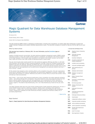 Magic Quadrant for Data Warehouse Database Management Systems                                                                           Page 1 of 21




 Magic Quadrant for Data Warehouse Database Management
 Systems
 28 January 2011

 Donald Feinberg, Mark A. Beyer

 Gartner RAS Core Research Note G00209623



 The data warehouse DBMS market is undergoing a transformation, including many acquisitions, as vendors adapt data warehouses to support the
 modern business intelligence and analytic workload requirements of users. This document compares 16 vendors to help you find the right one for your
 needs.

 What You Need to Know                                                                                                Acronym Key and Glossary Terms


 This document was revised on 3 February 2011. For more information, see the Corrections page on                     ASE     Adaptive Server Enterprise
 gartner.com.                                                                                                                (Sybase)

                                                                                                                     ASM     Automatic Storage
 Despite a troubled economic environment, the data warehouse database management system (DBMS) market                        Management
 returned to growth in 2010, with smaller vendors gaining in acceptance. As predicted in the previous iteration
 of this Magic Quadrant, 2010 brought major acquisitions, and several of the smaller vendors, such as Aster          BI      business intelligence
 Data, Ingres and Vertica, took major strides by addressing specific market needs.
                                                                                                                     CDH     Cloudera's distribution of
                                                                                                                             Hadoop MapReduce
 The year also brought major market growth from data warehouse appliance offerings (see Note 1), with both
 EMC/Greenplum and Microsoft formally introducing appliances, and IBM, Oracle and Teradata broadening their          CEP     complex event processing
 appliance lines with new offerings. Although we believe that much of the growth was due to replacements of
 aging or performance-constrained data warehouse environments, we also think that the business value of using        CPG     consumer packaged goods
 data warehouses for new applications such as performance management and advanced analytics has driven —             DaaS    data warehousing as a
 and is driving — growth.                                                                                                    service

 All the vendors have stepped up their marketing efforts as the competition has grown. End-user organizations        DBA     database administrator
 should ignore marketing claims about the applicability and performance capabilities of solutions. Instead, they
                                                                                                                     DBMS    database management
 should base their decisions on customer references and proofs of concept (POCs) to ensure that vendors' claims
                                                                                                                             system
 will hold up in their environments.
                                                                                                                     EC2     Elastic Compute Cloud
 Many trends — such as poor data warehouse performance, heavy competition and widely disparate marketing                     (Amazon)
 claims — will continue through 2011 and beyond. They will be joined by many new pressures arising from the
                                                                                                                     ETL     extraction, transformation
 desire to deliver greater business value with new applications, such as demands for further reductions in
                                                                                                                             and loading
 latency, the acquisition of appropriate data and greater performance. We describe the new and continuing
 trends in depth in "The State of Data Warehousing, 2011" and "Data Warehousing Trends for the CIO, 2011-            FTE     full-time equivalent
 2012."
                                                                                                                     HDFS    Hadoop Distributed File
 This Magic Quadrant deals with one of the primary building blocks of data warehouse infrastructure. As such, it             System
 should interest anyone involved in defining, purchasing, building and/or managing a data warehouse                  ICE     Infobright Community
 environment — notably CIOs, chief technology officers, members of business intelligence (BI) competency                     Edition
 centers, infrastructure, database and data warehouse architects, database administrators (DBAs) and IT
 purchasing departments.                                                                                             IDE     integrated development
                                                                                                                             environment
                                                                                                     Return to Top
                                                                                                                     IEE     Infobright Enterprise Edition

                                                                                                                     I/O     input/output
 Magic Quadrant
                                                                                                                     ISV     independent software vendor

 Figure 1. Magic Quadrant for Data Warehouse Database Management Systems                                             MPP     massively parallel processing

                                                                                                                     OLAP    online analytical processing

                                                                                                                     OLTP    online transaction processing

                                                                                                                     PDW     Parallel Data Warehouse
                                                                                                                             (Microsoft)

                                                                                                                     POC     proof of concept

                                                                                                                     RAC     Real Application Clusters




http://www.gartner.com/technology/media-products/reprints/teradata/vol3/article1/article1.... 6/26/2011
 