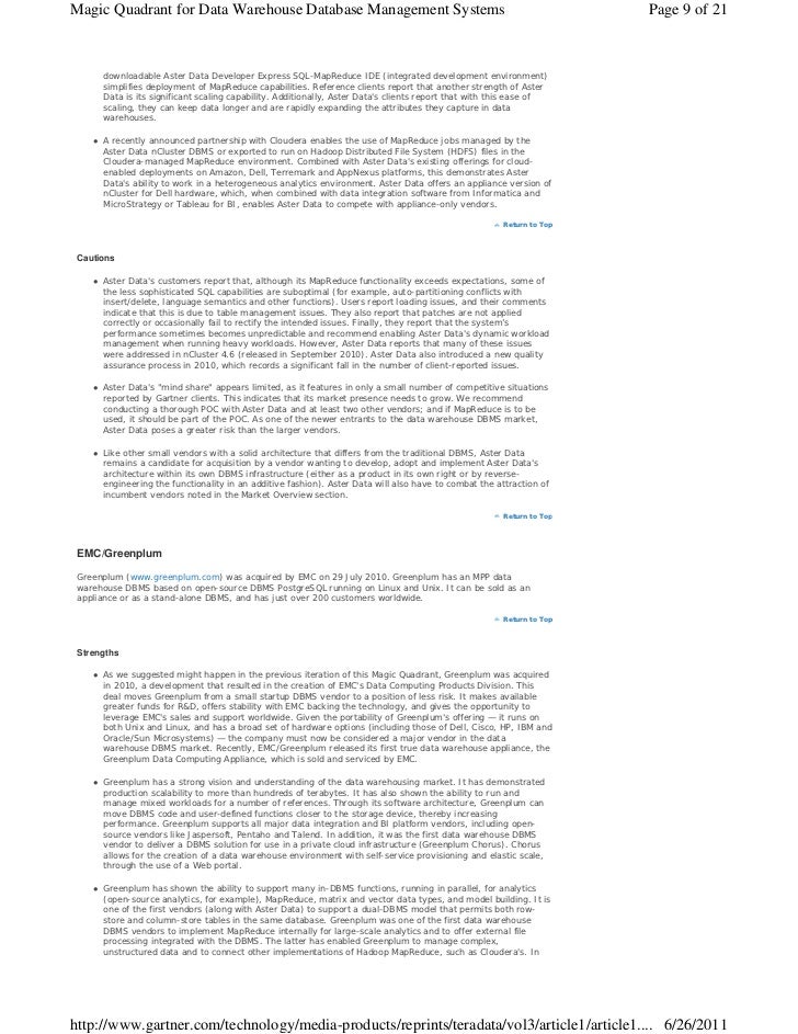 Magic Quadrant For Data Warehouse Database Management - 