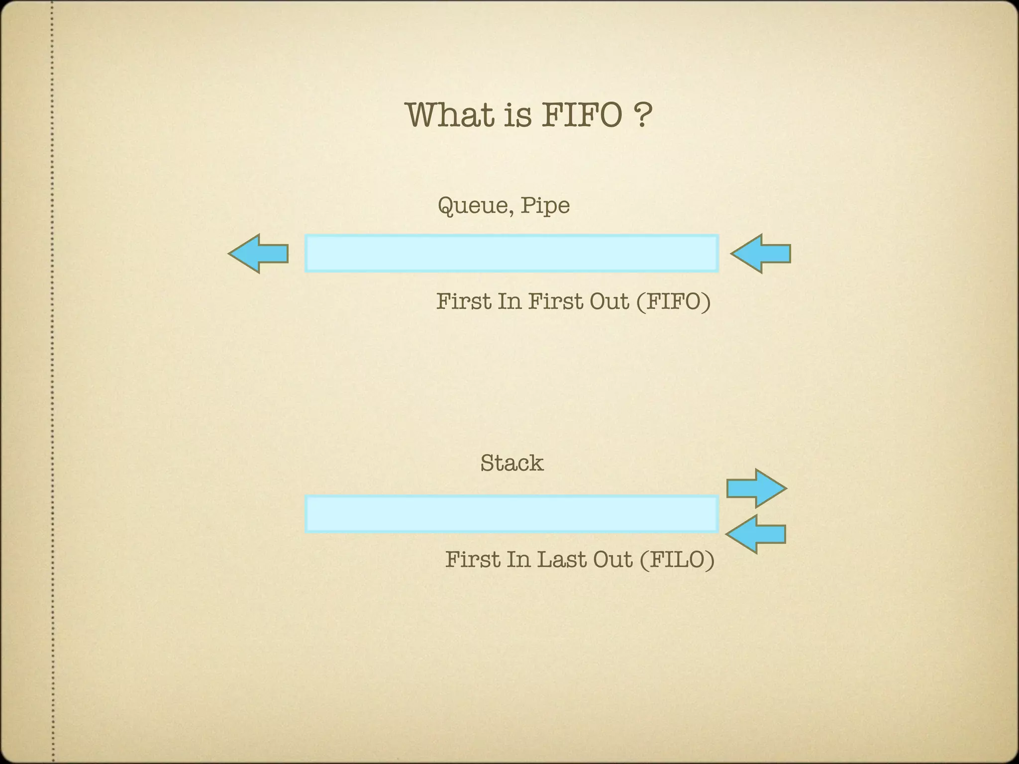 First In First Out (FIFO)
Queue, Pipe
First In Last Out (FILO)
Stack
What is FIFO ?
 
