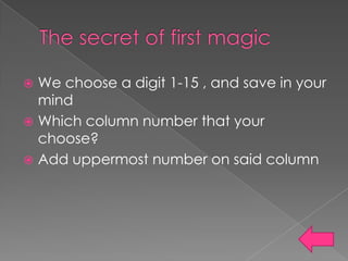  We choose a digit 1-15 , and save in your
mind
Which column number that your
choose?
Add uppermost number on said column