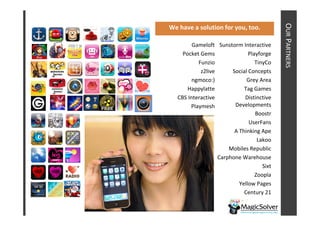 OUR PARTNERS
We have a solution for you, too.

        Gameloft Sunstorm Interactive
    Pocket Gems               Playforge
          Funzio                 TinyCo
           z2live      Social Concepts
        ngmoco:)             Grey Area
      Happylatte            Tag Games
  CBS Interactive           Distinctive
       Playmesh         Developments
                                 Boostr
                              UserFans
                        A Thinking Ape
                                  Lakoo
                      Mobiles Republic
                  Carphone Warehouse
                                    Sixt
                                 Zoopla
                          Yellow Pages
                            Century 21
 