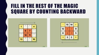 FILL IN THE REST OF THE MAGIC
SQUARE BY COUNTING BACKWARD
 
