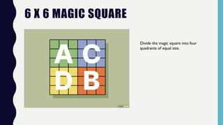6 X 6 MAGIC SQUARE
Divide the magic square into four
quadrants of equal size.
 