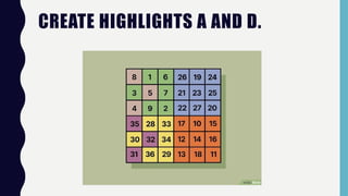 CREATE HIGHLIGHTS A AND D.
 