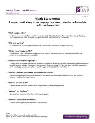 Autism Spectrum Disorders
Tips & Resources
                                                                                                                    Tip Sheet 23

                                                     Magic Statements
     A simple, practical way to use language to prevent, minimize or de-escalate
                               conflicts with your child.

•    “We’ll try again later.”
       For times when you withdraw a positive consequence (ask kids to sit somewhere else, stop reading the story).
       This keeps the door open for kids to try again and make better choices at a later time.


•    “This isn’t working.”
       An excellent way to interrupt disruptive or off-task behavior without attacking or criticizing.


•    “I know you wish you could…”
       Validates your child’s desire to do something (stay up later, eat dessert, go to a friend’s house) when that
       option is not available or not negotiable.


•    “That won’t work for me right now.”
       A simple, non-attacking way to decline your child’s suggestion when they propose something inappropriate or not
       possible. You can validate the worth of the proposal (“Interesting idea” or “Oh, that does sound like it would be
       fun”) and, if appropriate, even offer to look for opportunities to try that in the future.


•    “Can you think of a solution that will work for both of us?”
       Transfers responsibility to a dissatisfied child to find a solution that will work for him and for you (and not
       become a problem for anyone else).


•    “Can you live with that?”
       A way to affirm your child’ commitment after you have come to an agreement.


•    “We don’t say that here.”
       Non-attacking response to hurtful or offensive language.


•    “We don’t need to talk about that.”
       A way to disengage from heated or toxic interchanges.




Rev.0612
Adapted from “Magic” Sentences by Jane Bluestein, Ph.D.
Prepared by: The TAP Center at The University of Illinois at Urbana/Champaign              www.theautismprogram.org
 