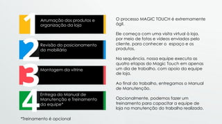 Arrumação dos produtos e
organização da loja
Revisão do posicionamento
do mobiliário
Montagem da vitrine
Entrega do Manual de
Manutenção e Treinamento
da equipe*
O processo MAGIC TOUCH é extremamente
ágil.
Ele começa com uma visita virtual à loja,
por meio de fotos e vídeos enviados pelo
cliente, para conhecer o espaço e os
produtos.
Na sequência, nossa equipe executa as
quatro etapas do Magic Touch em apenas
um dia de trabalho, com apoio da equipe
de loja.
Ao final do trabalho, entregamos o Manual
de Manutenção.
Opcionalmente, podemos fazer um
treinamento para capacitar a equipe de
loja na manutenção do trabalho realizado.
*Treinamento é opcional
 