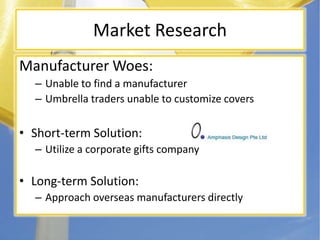 Market ResearchManufacturer Woes:Unable to find a manufacturerUmbrella traders unable to customize coversShort-term Solution:Utilize a corporate gifts companyLong-term Solution:Approach overseas manufacturers directly