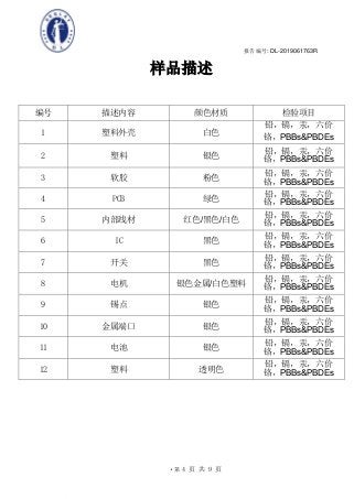 -
D
L-C
ert
ert
D
L-C
ert
D
D
L-C
ert
D
L-C
ert
D
L-C
e
D
L-C
ert
D
L-C
ert
D
L-C
ert
-C
ert
D
L-C
ert
D
L-C
ert
D
L-C
ert
D
L-
D
L-C
ert
D
L-C
ert
D
L-C
ert
D
L-C
ert
D
L-C
ert
ert
D
L-C
ert
D
L-C
ert
D
L-C
ert
D
L-C
ert
D
L-C
ert
D
D
L-C
ert
D
L-C
ert
D
L-C
ert
D
L-C
ert
D
L-C
ert
D
L-C
ert
D
L-C
e
D
L-C
ert
D
L-C
ert
D
L-C
ert
D
L-C
ert
D
L-C
ert
D
L-C
ert
D
L-C
ert
C
ert
D
L-C
ert
D
L-C
ert
D
L-C
ert
D
L-C
ert
D
L-C
ert
D
L-C
ert
D
L-C
ert
D
L
D
L-C
ert
D
L-C
ert
D
L-C
ert
D
L-C
ert
D
L-C
ert
D
L-C
ert
D
L-C
ert
D
L-C
ert
D
L-C
ert
ert
D
L-C
ert
D
L-C
ert
D
L-C
ert
D
L-C
ert
D
L-C
ert
D
L-C
ert
D
L-C
ert
D
L-C
ert
D
L-C
ert
D
L-C
ert
D
L-C
ert
D
L-C
ert
D
L-C
ert
D
L-C
ert
D
L-C
ert
D
L-C
ert
D
L-C
ert
D
L-C
ert
D
L-C
ert
D
L-
D
L-C
ert
D
L-C
ert
D
L-C
ert
D
L-C
ert
D
L-C
ert
D
L-C
ert
D
L-C
ert
D
L-C
ert
D
L-C
ert
D
L-C
ert
D
L-C
e
C
ert
D
L-C
ert
D
L-C
ert
D
L-C
ert
D
L-C
ert
D
L-C
ert
D
L-C
ert
D
L-C
ert
D
L-C
ert
D
L-C
ert
D
L-C
ert
D
D
L-C
ert
D
L-C
ert
D
L-C
ert
D
L-C
ert
D
L-C
ert
D
L-C
ert
D
L-C
ert
D
L-C
ert
D
L-C
ert
D
L-C
ert
D
L-C
ert
ert
D
L-C
ert
D
L-C
ert
D
L-C
ert
D
L-C
ert
D
L-C
ert
D
L-C
ert
D
L-C
ert
D
L-C
ert
D
L-C
ert
D
L-C
ert
D
L-C
D
L-C
ert
D
L-C
ert
D
L-C
ert
D
L-C
ert
D
L-C
ert
D
L-C
ert
D
L-C
ert
D
L-C
ert
D
L-C
ert
D
L-C
ert
D
L-C
ert
D
L-C
ert
D
L-C
ert
D
L-C
ert
D
L-C
ert
D
L-C
ert
D
L-C
ert
D
L-C
ert
D
L-C
ert
D
L-C
ert
D
L-C
ert
D
L-C
ert
D
L-C
ert
D
L-C
ert
D
L-C
ert
D
L-C
ert
D
L-C
ert
D
L-C
ert
D
L-C
ert
D
L-C
ert
D
L-C
ert
D
L-C
ert
D
L-
C
ert
D
L-C
ert
D
L-C
ert
D
L-C
ert
D
L-C
ert
D
L-C
ert
D
L-C
ert
D
L-C
ert
D
L-C
ert
D
L-C
ert
D
L-C
ert
D
L-C
ert
D
L-C
ert
D
L-C
ert
D
L-C
ert
D
L-C
ert
D
L-C
ert
D
L-C
ert
D
L-C
e
L-C
ert
D
L-C
ert
D
L-C
ert
D
L-C
ert
D
L-C
ert
D
L-C
ert
D
L-C
ert
D
L-C
ert
D
rt
D
L-C
ert
D
L-C
ert
D
L-C
ert
D
L-C
ert
D
L-C
ert
D
L-C
ert
D
L-C
ert
D
L-C
ert
D
L-C
ert
D
L-C
ert
D
L-C
ert
D
L-C
ert
D
L-C
ert
D
L-
C
ert
D
L-C
ert
D
L-C
ert
D
L-C
ert
D
L-C
ert
D
L-C
ert
D
L-C
ert
D
L-C
ert
D
L-C
ert
D
L-C
ert
D
L-C
e
L-C
ert
D
L-C
ert
D
L-C
ert
D
L-C
ert
D
rt
D
L-C
ert
D
L-C
ert
D
L-C
ert
D
L-C
ert
D
L-C
ert
D
L-
C
ert
D
L-C
ert
D
L-C
e
报告编号: DL-2019061763R
·第 4 页 共 9 页
页
样品描述
编号 描述内容 颜色材质 检验项目
1 塑料外壳 白色
铅，镉，汞，六价
铬，PBBs&PBDEs
2 塑料 银色
铅，镉，汞，六价
铬，PBBs&PBDEs
3 软胶 粉色
铅，镉，汞，六价
铬，PBBs&PBDEs
4 PCB 绿色
铅，镉，汞，六价
铬，PBBs&PBDEs
5 内部线材 红色/黑色/白色
铅，镉，汞，六价
铬，PBBs&PBDEs
6 IC 黑色
铅，镉，汞，六价
铬，PBBs&PBDEs
7 开关 黑色
铅，镉，汞，六价
铬，PBBs&PBDEs
8 电机 银色金属/白色塑料
铅，镉，汞，六价
铬，PBBs&PBDEs
9 锡点 银色
铅，镉，汞，六价
铬，PBBs&PBDEs
10 金属端口 银色
铅，镉，汞，六价
铬，PBBs&PBDEs
11 电池 银色
铅，镉，汞，六价
铬，PBBs&PBDEs
12 塑料 透明色
铅，镉，汞，六价
铬，PBBs&PBDEs
 