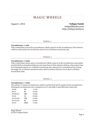 MAGIC WHEELS
August 1, 2012                                                                  Tofique Fatehi
                                                                           tofiquef@yahoo.com
                                                                        http://tofique.fatehi.us




                                             WHEEL 1

Circumference = 1 unit
Take a wheel that is one unit in circumference. Mark a point A on the circumference. If the wheel is
rolled on a flat surface for one full turn, from A to A, it will have moved one unit.



                                             WHEEL 2

Circumference = 3 units
Take a wheel that is three units in circumference. Mark a point A on the circumference and another
point B which is circumferentially one unit away from A. If the wheel is rolled on a flat surface from
A to B along the shorter arc, it will have moved one unit, whereas if it is moved from B to A along
the longer arc, it will have moved two units. And if it moved a full turn, A to A, then it will have
moved three units.



                                             WHEEL 3

Circumference = 7 units
This wheel is 7 units in circumference, and has 3 points (A, B and C) marked on the circumference,
dividing the circumference into 3 unequal arcs of 1 unit (AB), 2 units (BC) and 4 units (CA).
 A to B           AB            1 unit
 B to C           BC           2 units
 A to B to C      ABC          3 units
 C to A           CA           4 units
 C to A to B      CAB          5 units
 B to C to A      BC           6 units
 A to A           ABCA         7 units



Magic Wheels
© 2012 Tofique Fatehi
                                                                                                Page 1
 