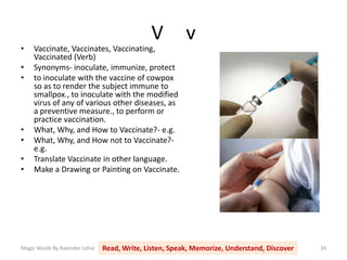 V v
Magic Words By Ravinder Lohia Read, Write, Listen, Speak, Memorize, Understand, Discover 24
• Vaccinate, Vaccinates, Vaccinating,
Vaccinated (Verb)
• Synonyms- inoculate, immunize, protect
• to inoculate with the vaccine of cowpox
so as to render the subject immune to
smallpox., to inoculate with the modified
virus of any of various other diseases, as
a preventive measure., to perform or
practice vaccination.
• What, Why, and How to Vaccinate?- e.g.
• What, Why, and How not to Vaccinate?-
e.g.
• Translate Vaccinate in other language.
• Make a Drawing or Painting on Vaccinate.
 