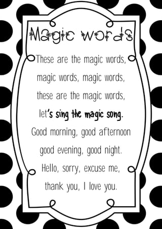 Magic words
These are the magic words,
magic words, magic words,
these are the magic words,
let
Good morning, good afternoon
good evening, good night.
Hello, sorry, excuse me,
thank you, I love you.
 