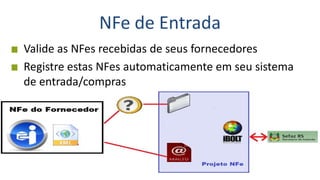 NFe de Entrada
Valide as NFes recebidas de seus fornecedores
Registre estas NFes automaticamente em seu sistema
de entrada/compras
 