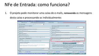 NFe de Entrada: como funciona?
1.   O projeto pode monitorar uma caixa de e-mails, removendo as mensagens
     desta caixa e processando-as individualmente:
 