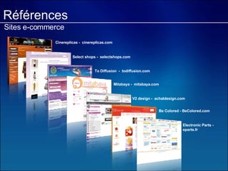 Références Sites e-commerce Be Colored - BeColored.com Electronic Parts -  eparts.fr Mitabaya -  mitabaya.com To Diffusion  -  todiffusion.com Select shops -  selectshops.com V2 design -  achatdesign.com Cinereplicas -  cinereplicas.com 