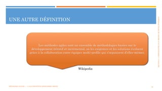 SECTION2:COMPOSANTESD’UNPROJETDEDÉVELOPPEMENT
UNE AUTRE DÉFINITION
MÉTHODES AGILES | | © 2016 MOSTEFAI MOHAMMED AMINE 25
Les méthodes agiles sont un ensemble de méthodologies basées sur le
développement itératif et incrémental, où les exigences et les solutions évoluent
grâce à la collaboration entre équipes multi-profils qui s’organisent d’elles-mêmes.
Wikipedia
 