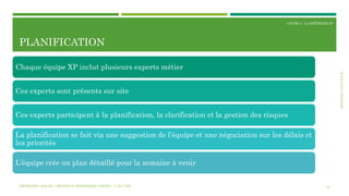 SECTION2:LECYCLE
COURS 3 : LA MÉTHODE XP
PLANIFICATION
10
Chaque équipe XP inclut plusieurs experts métier
Ces experts sont présents sur site
Ces experts participent à la planification, la clarification et la gestion des risques
La planification se fait via une suggestion de l’équipe et une négociation sur les délais et
les priorités
L’équipe crée un plan détaillé pour la semaine à venir
MÉTHODES AGILES | MOSTEFAI MOHAMMED AMINE | © 2017 ESI
 