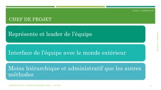 SECTION3:L’ÉQUIPEXP
COURS 3 : LA MÉTHODE XP
CHEF DE PROJET
27
Représente et leader de l’équipe
Interface de l’équipe avec le monde extérieur
Moins hiérarchique et administratif que les autres
méthodes
MÉTHODES AGILES | MOSTEFAI MOHAMMED AMINE | © 2017 ESI
 