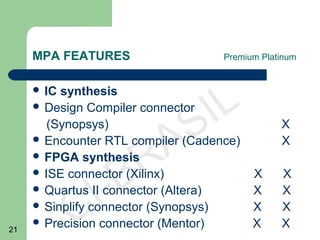 21
CI-BRASIL
MPA FEATURES Premium Platinum
 IC synthesis
 Design Compiler connector
(Synopsys) X
 Encounter RTL compiler (Cadence) X
 FPGA synthesis
 ISE connector (Xilinx) X X
 Quartus II connector (Altera) X X
 Sinplify connector (Synopsys) X X
 Precision connector (Mentor) X X
 