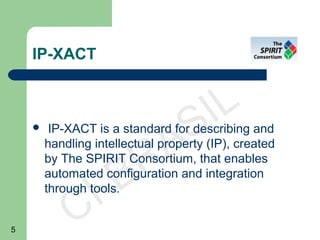 5
CI-BRASIL
IP-XACT
 IP-XACT is a standard for describing and
handling intellectual property (IP), created
by The SPIRIT Consortium, that enables
automated configuration and integration
through tools.
 