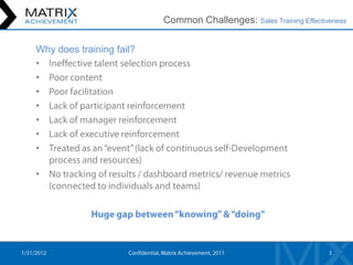 Common Challenges: Sales Training Effectiveness

Why does training fail?
•
•
•
•
•
•
•

•
 
