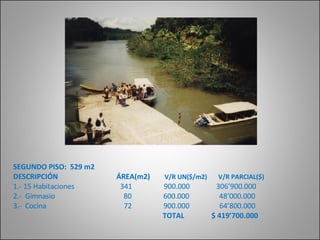 SEGUNDO PISO:  529 m2 DESCRIPCIÓN   ÁREA(m2)  V/R UN($/m2)  V/R PARCIAL($) 1.- 15 Habitaciones  341  900.000  306’900.000 2.-  Gimnasio  80  600.000  48’000.000 3.-  Cocina  72  900.000  64’800.000 TOTAL  $ 419’700.000 