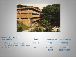 TERCER PISO ; 616 m2 DESCRIPCIÓN   ÁREA  V/R UN($/m2)  V/R PARCIAL($) 1.-  2 Apartamentos de 3 alcobas  512m2  900.00  460’800.000 1 apto de 2 alcobas 7 Habitaciones  2.-  Cafetería  104  600.000  62’400.000 TOTAL  $523’200.000 