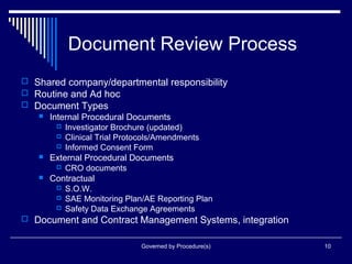 10
Document Review Process
 Shared company/departmental responsibility
 Routine and Ad hoc
 Document Types
 Internal Procedural Documents
 Investigator Brochure (updated)
 Clinical Trial Protocols/Amendments
 Informed Consent Form
 External Procedural Documents
 CRO documents
 Contractual
 S.O.W.
 SAE Monitoring Plan/AE Reporting Plan
 Safety Data Exchange Agreements
 Document and Contract Management Systems, integration
Governed by Procedure(s)
 