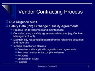 Governed by Procedure(s) 6
Vendor Contracting Process
 Due Diligence Audit
 Safety Data (PV) Exchange / Quality Agreements
 Process for development and maintenance
 Consider using a safety agreements database (eg, Contract
Management tool)
 Maintain key responsibilities/timeframes reference document
and report(s)
 Include compliance clauses:
 Compliance with applicable regulations and agreements
 Response timeframes for compliance issues
 PV Audits
 Escalation of issues
 Penalties
 