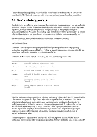 To su uobičajeni postupci koji su korišteni i u ostvarivanju metode susreta, pa se razvijene
modifikacije RPC funkcija mogu koristiti i u ostvarivanju metoda poštanskog sandučića.

7.2. Građa uslužnog procesa
Uslužni proces je građen na temelju standardnog uslužnog procesa za sustav poziva udaljenih
procedura. Njegov zadatak je da upravlja strukturama poštanskih sandučića, provodi politiku
sigurnosti, ispunjava zahtjeve klijenata za čitanje i pisanje, te da ispunjava zahtjeve
upravljačkog klijenta. Nadzorni proces zbog toga mora biti ostvaren s "pamćenjem" tj. ne kao
uslužitelj bez stanja. U okviru uslužnog procesa postoje globalne strukture podataka za:

realizaciju usluge, to su poštanski sandučići ostvareni kao redovi poruka;

nadzor i upravljanje.

Za nadzor i upravljanje definiraju se posebne funkcije za neposredni nadzor pojedinog
poštanskog sandučića. prema tablici 7.1. Njihov je zadatak da omoguće potpuno interaktivno
upravljanje nadzornim procesom za poštanske sandučiće.

Tablica 7.1: Nadzorne funkcije uslužnog procesa poštanskog sandučića


dozvoli         dozvoli pristup odabranom redu

zabrani         zabrani pristup odabranom redu

očisti          očisti sve poruke iz odabranog reda

status          dohvati i ispiši status odabranog
                reda

postavi         promijeni razinu praćenja (debug
                level)

dojavi          vrati tekuću razinu praćenja (debug
                level)




Pojedine nadzorne usluge ugrađuju se u jednog nadzornog klijenta koji obavlja komunikaciju
s nadzornim uslugama. Za ispis stanja pojedinih usluga korištena je metoda /KONG90/ s
definiranjem dva stupnja kontrole ispisa po jednom stupnju gniježđenja funkcija, jer se
funkcije grupiraju u biblioteke na osnovi istog stupnja općenitosti. Prva kontrolna razina
ispisuje samo pojavu događaja, a druga kontrolna razina ispisuje i parametara (ulazne i
izlazne argumente) događaja. Navedena metoda je modifikacija preporučenog postupka
praćenja procesa. Nadzorni proces također ima ugrađenu mogućnost prekida rada tj.
isključivanja samog sebe.

Sama manipulacija s poštanskim sandučićima riješena je putem redova poruka. Sustav
funkcija za manipulaciju redovima poruka i potrebne strukture podataka dane su u dodatku D.
 