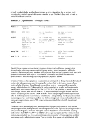 primali poruke jednako je dobro funkcionirala na svim računalima ako se uzmu u obzir
ograničenja pojedinih operacijskih sustava kao što je npr. DOS koji zbog svoje prirode ne
može biti efikasan uslužilac.

Tablica 8.1: Ciljna računala i operacijski sustavi


Računalo       Operacijski           Princip susreta            Poštanski sandučić
                sustav

PC386          SCO UNIX              za sve navedene            za sva navedene
                                     izvedbe                    izvedbe

PC386          DOS 5.0,              za izvedbe bez             za izvedbe bez
               SUN PCNFS 4.0a        privremene usluge          privremene usluge
               zbog svoje            za proces pošiljač         za sve funkcije
               prirode DOS ne        poruke                     osim za nadzorni
               može biti                                        proces
               efikasan
               uslužitelj

mico VAX       VMS 5.2               nije funkcionirao          nije funkcionirao
                                     RPC paket                  RPC paket

SUN 10/30      Solaris 2.1           za sve navedene            za sve navedene
                                     izvedbe                    izvedbe




Upotrjebljene metode omogućuju razvoj nadzornih procesa i uniformnu transparentnu
komunikaciju prijenosom poruka za distribuirane sustave upotrebom poziva udaljenih
procedura. Primjena prijenosa poruka u aplikacijskom sloju omogućuje povezivanje potrebnih
procesa distribuirane aplikacije na raznorodnim računalnim sustavima i raznorodnim
protokolima uz maksimalno poopćavanje protokola prijenosa poruke.

Ovako ostvareni postupci prijenosa poruka se mogu upotrijebiti za daljnji razvoj distribuiranih
sustava. Za takvu primjenu naročito su pogodni postupci koji ne koriste povratne usluge,
pošto se bolje uklapaju u filozofiju rada operacijskog sustava i generalne ideje upotrebe
sustava udaljenih funkcija. Takav zaključak može se donijeti na temelju analize dostupnih
specifikacija naročito specifikacija /RFC94/,/RFC57/,/RFC14/, posebno iz premisa koje su
korištene pri razvoju NFS sustava /RFC94/, te preporučene metodologije izvedbe mrežnih
sustava na operacijskom sustavu UNIX /STE90/. Pozivi udaljenih procedura su specificirani
tako da preferiraju sustave osnovane na uslužiteljima i uslugama koji obavljaju jednostavne i
atomarne poslove s unutrašnjom građom čija složenost ne prelazi strojeve s konačnim brojem
stanja, prema premisama autora NFS preporučuju se uslužitelji bez vlastitih stanja (engl.
stateles server).

Ovako ostvareni postupci prijenosa poruka predstavljaju proširenje osnovne ideje poziva
udaljenih procedura, pošto pozivanje udaljenih procedura u sebi ugrađuju prijenos podataka u
obliku "sirovih" poruka na razini pristupnih točaka, što se može uočiti analizom izvornog
koda sustava SUN RPC /SUN04/, te /STE90/. Zbog toga se prijenos poruka u aplikacijskom
sloju može promatrati kao poopćeno proširenje osnovnog sustava prijenosa poruka koji čini
sam sustav poziva udaljenih procedura. Time se postiže da se mogu ostvariti i ispitati neki
 