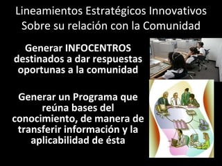 Lineamientos Estratégicos Innovativos Sobre su relación con la Comunidad Generar INFOCENTROS destinados a dar respuestas oportunas a la comunidad Generar un Programa que reúna bases del conocimiento, de manera de transferir información y la aplicabilidad de ésta 