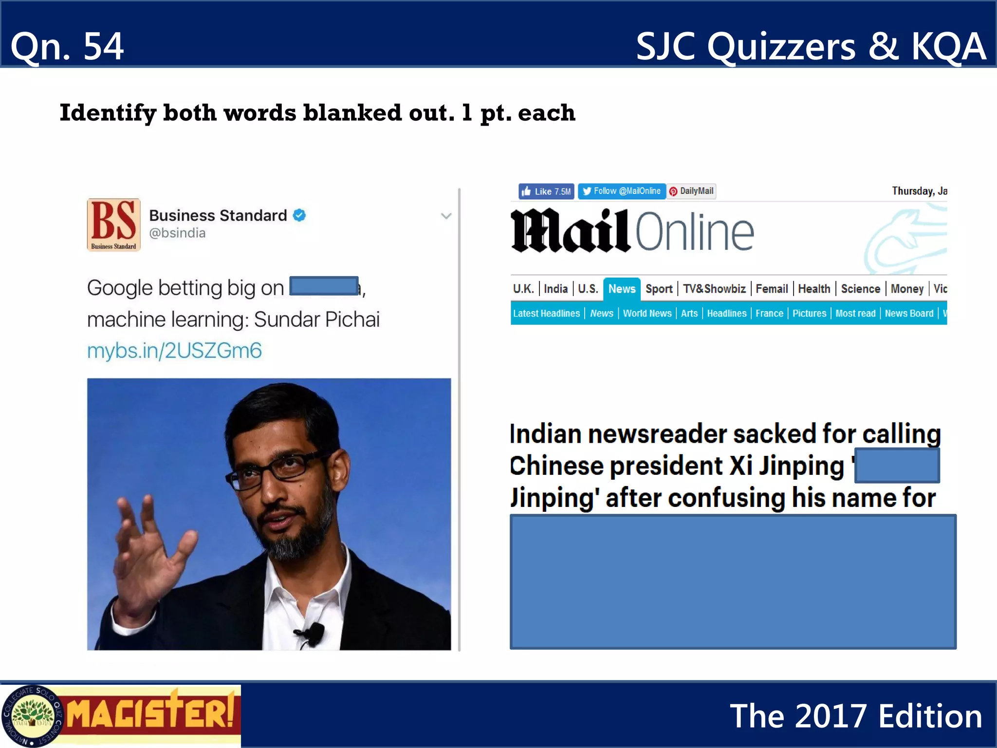 Qn. 54 SJC Quizzers & KQA
The 2017 Edition
Identify both words blanked out. 1 pt. each
 