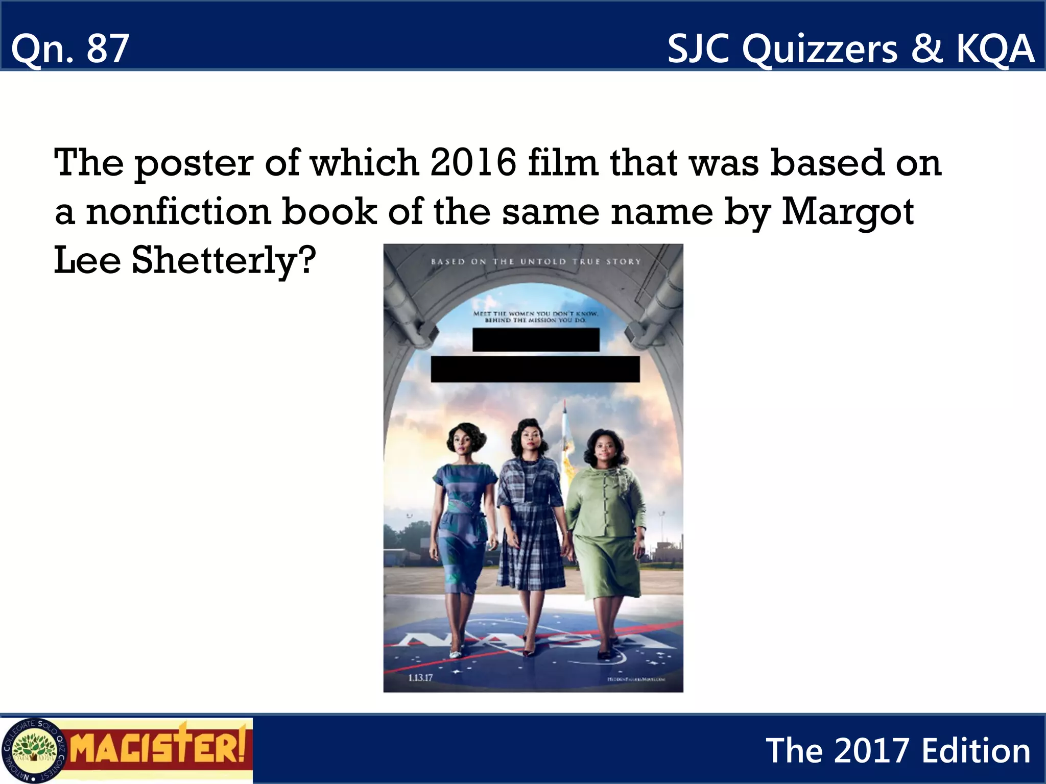 The poster of which 2016 film that was based on
a nonfiction book of the same name by Margot
Lee Shetterly?
Qn. 87 SJC Quizzers & KQA
The 2017 Edition
 
