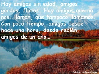 Sublime otoño en Suiza
Hay amigos sin edad, amigos
gordos, flacos. Hay amigos que no
nos llaman, que tampoco llamamos.
Con poco tiempo, amigos desde
hace una hora, desde recién,
amigos de un año…
 