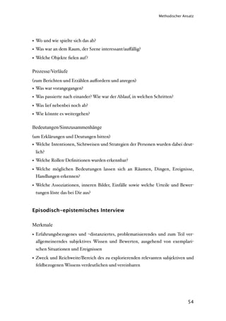 Methodischer Ansatz




• Wo und wie spielte sich das ab?
• Was war an dem Raum, der Szene interessant/auﬀällig?
• Welche Objekte ﬁelen auf?

Prozesse/Verläufe
(zum Berichten und Erzählen auﬀordern und anregen)
• Was war vorangegangen?
• Was passierte nach einander? Wie war der Ablauf, in welchen Schritten?
• Was lief nebenbei noch ab?
• Wie könnte es weitergehen?

Bedeutungen/Sinnzusammenhänge
(um Erklärungen und Deutungen bitten)
• Welche Intentionen, Sichtweisen und Strategien der Personen wurden dabei deut-
 lich?
• Welche Rollen-Deﬁnitionen wurden erkennbar?
• Welche möglichen Bedeutungen lassen sich an Räumen, Dingen, Ereignisse,
  Handlungen erkennen?

• Welche Assoziationen, inneren Bilder, Einfälle sowie welche Urteile und Bewer-
 tungen löste das bei Dir aus?


Episodisch-epistemisches Interview

Merkmale
• Erfahrungsbezogenes und –distanziertes, problematisierendes und zum Teil ver-
  allgemeinerndes subjektives Wissen und Bewerten, ausgehend von exemplari-
 schen Situationen und Ereignissen

• Zweck und Reichweite/Bereich des zu explorierenden relevanten subjektiven und
  feldbezogenen Wissens verdeutlichen und vereinbaren




                                                                               54
 