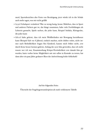 Durchführung der Untersuchung




 men), Sportabzeichen also Form von Bestätigung, jetzt würde ich in der Schule
 auch mehr sagen, was mir nicht gefällt

• (15:30) Schulsport verändern? War zu wenig lustig, kenne Mädchen, dass in Sport
  und anderen Fächern gut ist, das hängt zusammen, habe viele Fortbildungen als
 Lehrerin gemacht, Spiele suchen, die jeder kann, Beispiel Indiaka, Kleingeräte,
 die jeder kann
• (18:00) habe gelernt, dass ich mein Wohlbeﬁnden mit Bewegung beeinﬂussen
 kann (Beispiel Sylt vor 8 Jahren), einfach machen, nicht drüber reden, nicht im-
 mer nach Beﬁndlichkeit fragen (bei Kindern), kannte mich früher nicht, erst
 durch Krise besser kennen gelernt, Anfang der 90er klar geworden, dass ich nicht
 wusste wer ich war, Zusammenhang Körper-Persönlichkeit erst damals klar ge-
 worden, hatte vorher keine Möglichkeit mit mir selbst in Kontakt zu treten, hat
 dann aber ein paar Jahre gedauert (Rest der Aufzeichnung leider fehlerhaft)




                             Auf der folgenden Seite:

       Übersicht der Fragebogentranskription als stark verkleinerte Tabelle




                                                                                 77
 