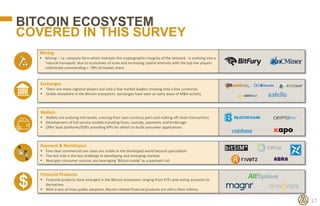 BITCOIN ECOSYSTEM
COVERED IN THIS SURVEY
17
Mining
 Mining – i.e. compute farm which maintain the cryptographic integrity...