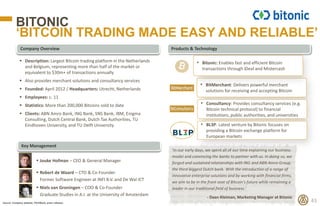 Products & Technology
Key Management
Company Overview
BITONIC
‘BITCOIN TRADING MADE EASY AND RELIABLE’
43
 Description: L...