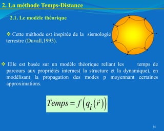 14
 Cette méthode est inspirée de la sismologie
terrestre (Duvall,1993).
 
 
Temps f q r
i

 Elle est basée sur un modèle théorique reliant les temps de
parcours aux propriétés internes( la structure et la dynamique), en
modélisant la propagation des modes p moyennant certaines
approximations.
2. La méthode Temps-Distance
2.1. Le modèle théorique
 