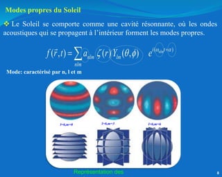Modes propres du Soleil
 Le Soleil se comporte comme une cavité résonnante, où les ondes
acoustiques qui se propagent à l’intérieur forment les modes propres.
8
Mode: caractérisé par n, l et m
( )
( , ) ( ) ( , ) nlm
i t
nlm lm
nlm
f r t a r Y e  
   
 
l=6,m=0 l=6,m=3 l=6,m=6
Représentation des
 