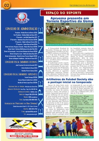 A Universidade Estadual do
Maranhão (Uema), por meio do
Departamento de Educação Físi-
ca (DEF), realizará, no período de
17 a 25 de maio deste ano, o XI
Torneio Esportivo, voltado espe-
cialmente para alunos, professo-
res e servidores dessa instituição
de ensino superior.
O tradicional evento esporti-
vo da Universidade, que contará
com a participação de uma equi-
pe da Associação dos Professores
da Uema (Apruema) no Futebol
Society, oferecerá as seguintes
modalidades esportivas: basque-
tebol, atletismo, futebol de cam-
po, futebol society, futsal, futvô-
lei, handebol, natação, tênis de
mesa, voleibol (quadra), voleibol
de areia e xadrez.
De acordo com o regulamento
da competição, podem participar
alunos da Uema, matriculados
regularmente, além de mem-
bros (professores e servidores) da
Apruema, Assuema e Sintuema.
As inscrições para o disputado
torneio poderão ser feitas até o
próximo dia 10 de maio, no DEF
da Uema, nos Departamentos
dos Cursos e nas sedes das Asso-
ciações mencionadas. Detalhe:
no ato da inscrição o interessado
terá que doar um kilo de alimento
não perecível.
Apesar do ritmo lento neste
início do ano de 2013, por conta
principalmente das paralisações
ocorridas nos meses de janeiro,
fevereiro e março, isto porque o
estádio Apruemão passava por al-
gumas melhorias em seu grama-
do nesse período invernoso, mas,
também, pelo fato de o Regula-
mento Esportivo e Disciplinar só
ter sido aprovado pela Diretoria
da Apruema no dia 21 de março,
a temporada só começou efetiva-
mente no mês de abril.
Assim, os artilheiros, nesses
três meses de abstinência, para
eles uma eternidade, agora res-
paldados pela aprovação do regu-
lamento, deram o pontapé inicial
na temporada de caça aos gols e
já começam pontuar na artilharia.
Ao todo já foram marcados pre-
cisamente 92 gols. Confira a seguir
como está a artilharia/2013, até a
data de 29 de abril.
1º Jorge Passinho – 20 gols
2º Zeca Pinto – 19 gols
3º Ubiraci Nascimento – 10 gols
4º Stelmo Rosa – 07 gols
5º Nêuton Souza – 06 gols
6º Hailton, Helder e Pestana – 05
gols cada
7ºHaroldo, Reinaldo e João Azeve-
do – 03 gols cada
8º Luis Carlos, Manuel Caro e
Sergio Roberto – 02 gols cada
02
EXPEDIENTE
CONSELHO DE ADMINISTRAÇÃO
Presidente – Mivaldo Álvares de Oliveira (CCSA)
Vice-Presidente – Edmilson Baldez das Neves (CCT)
1º Secretário – José Bello Salgado Neto (CCT)
2º Secretário – Sebastiana Sousa Reis Fernandes (CECEN)
1º Tesoureiro – Helder de Moraes Pereira (CCA)
2º Tesoureiro – Tatiana Alves de Paula (CCSA)
Diretor de Ensino, Pesquisa e Extensão – Nêuton Silva-Souza (CECEN)
Diretor Social – Nordman Wall Barbosa de Carvalho Filho (CCA)
Diretor de Comunicação – Iran de Jesus Rodrigues dos Passos (CECEN)
Diretor de Esporte e Lazer – Stelmo dos Santos Rosa (CCT)
Diretor de Aposentados – Manoel de Jesus Prazeres Salgado (CECEN)
Diretor de Relações Trabalhistas – Iedo Alves de Sousa (CCT)
CONSELHO FISCAL (MEMBROS EFETIVOS)
João Francisco Ferreira de Azevedo (CCT)
Airton Antelmo de Sousa (CCA)
Hamilton Pereira Santos (CCA)
CONSELHO FISCAL (MEMBROS SUPLENTES)
Toyoko Suenaga (CECEN)
Antonio Roberto Coelho Serra (CCSA)
Marilda de Fátima Lopes Rosa (CECEN)
Secretária Geral da Apruema – Meirylene dos Santos Reis
Jornalista Responsável: Zeca Pinto – Reg. Prof. 695/DRT-MA
Editoração Eletrônica: Adailton José
Impressão: Unigraf (98) 3878-1961
Tiragem: 1.000 exemplares
Fotos: Ivan Rocha (98) 8881-0920
Associação dos Professores da Uema (Apruema)
Cidade Universitária Paulo VI – S/N - Bairro Tirirical
Fone/Fax: (98) 3224-2740
E-mail: apruema@elo.com.br
Site: www.apruema.org.br
ESPAÇO DO ESPORTE
Apruema presente em
Torneio Esportivo da Uema
Artilheiros do Futebol Society dão
o pontapé inicial na temporada
EstádioApruemão será palco de mais um torneio esportivo da Uema, na modalidade Futebol Society
Artilheiros pedindo ajuda divina para balançar as redes no estádio Apruemão
 